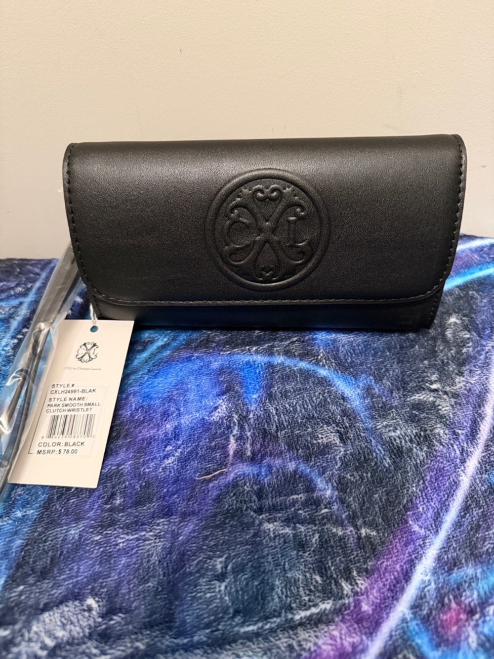 Christian Lacroix Black Embossed Logo Leather Clutch